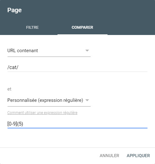 Filtre Google Search Console : exemple de comparaison