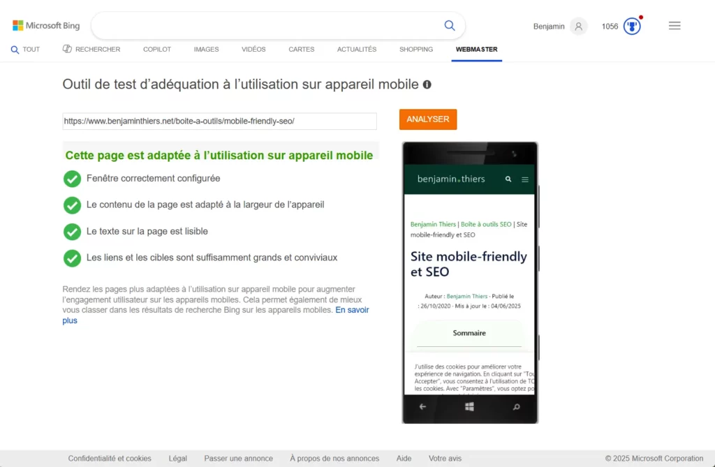 Test de compatibilité mobile Bing