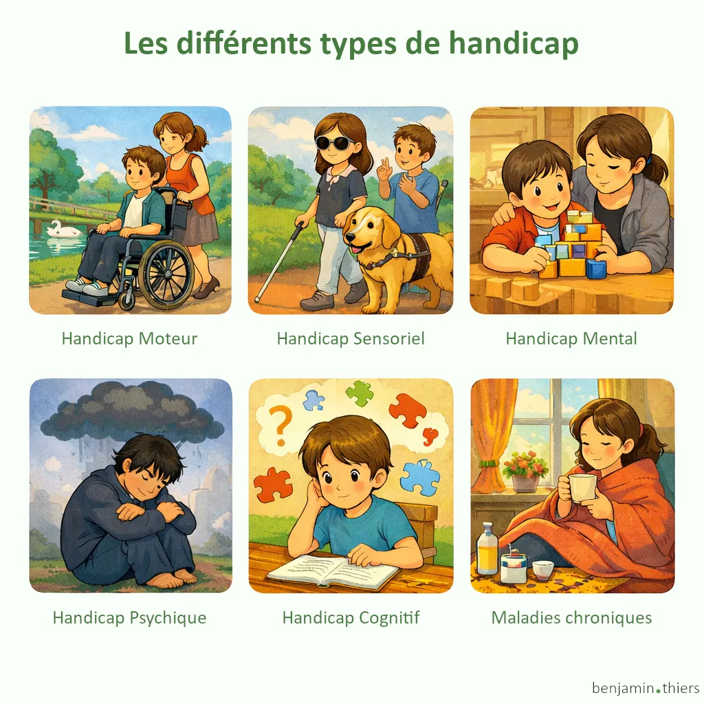Les différents types de handicaps : moteur, sensoriel, mental, psychique, cognitif, maladies chroniques.