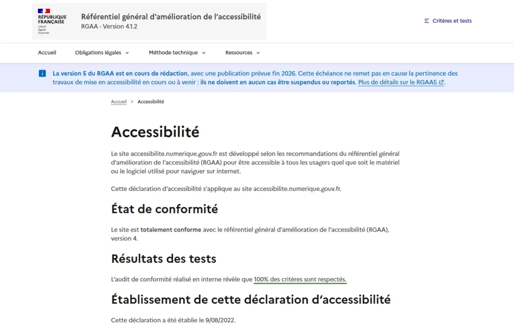 Capture d'écran de la déclaration d'accessibilité du site https://accessibilite.numerique.gouv.fr/