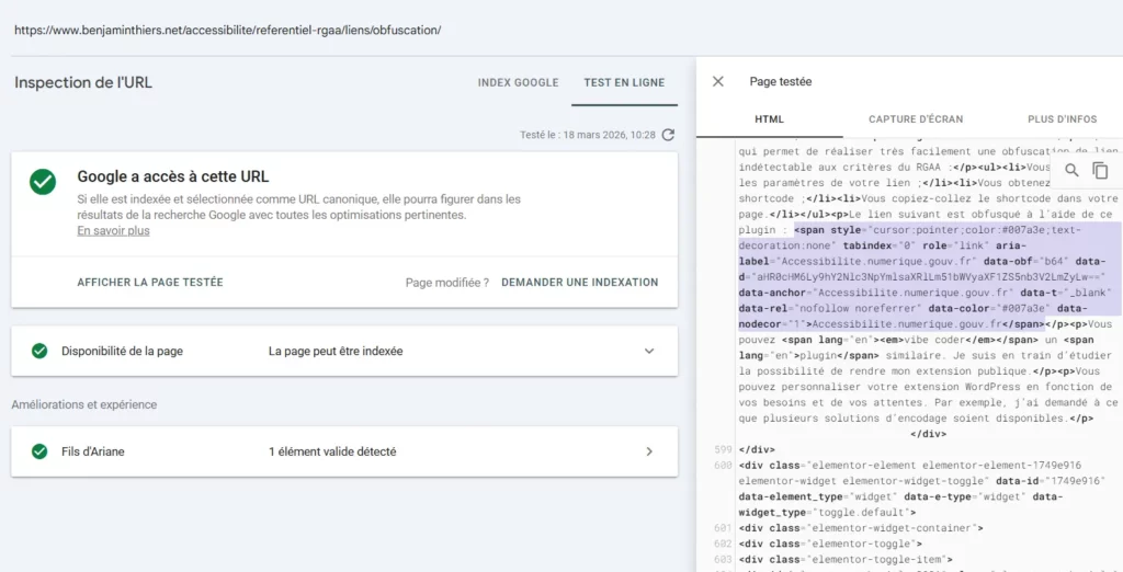 Capture d'écran de la Google Search Console montrant un lien obfusqué